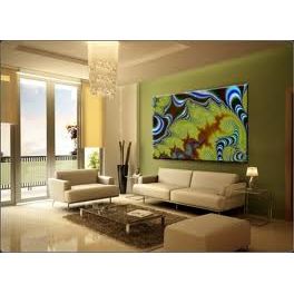 Elegant living room featuring a vibrant abstract canvas print on the wall, bright decor, and natural light.