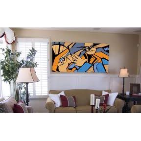 Unique canvas art in vibrant colors displayed in a modern living room setting.