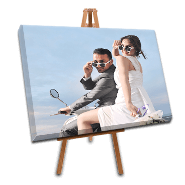 Personalized canvas print of a couple in stylish sunglasses, showcasing vibrant colors and high-quality finish.