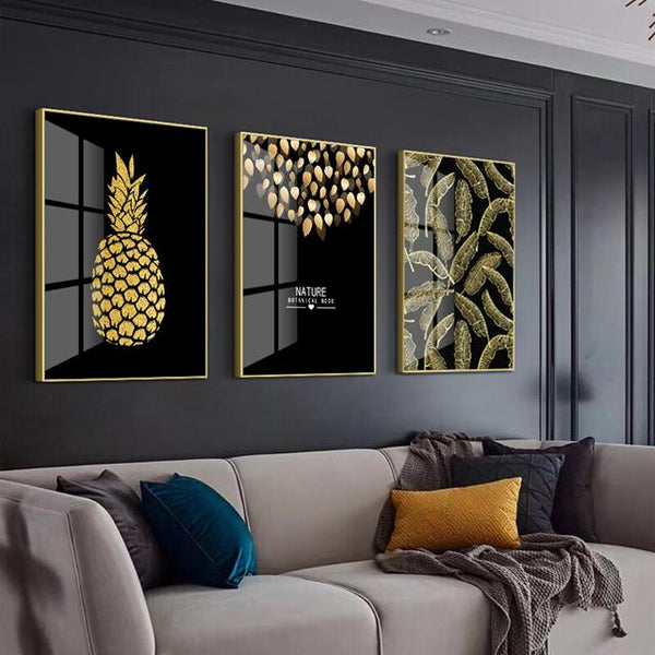 סט 3 תמונות קנבס אננס בזהב - PHOTO-GLASS