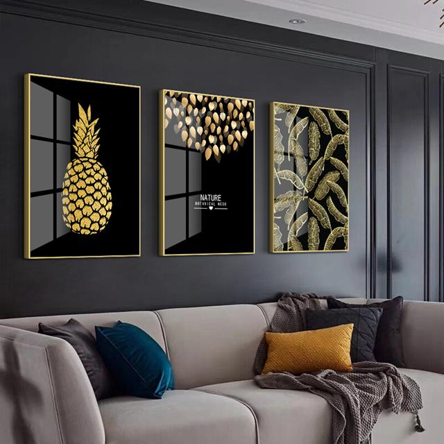 סט 3 תמונות זכוכית אננס בזהב - PHOTO-GLASS
