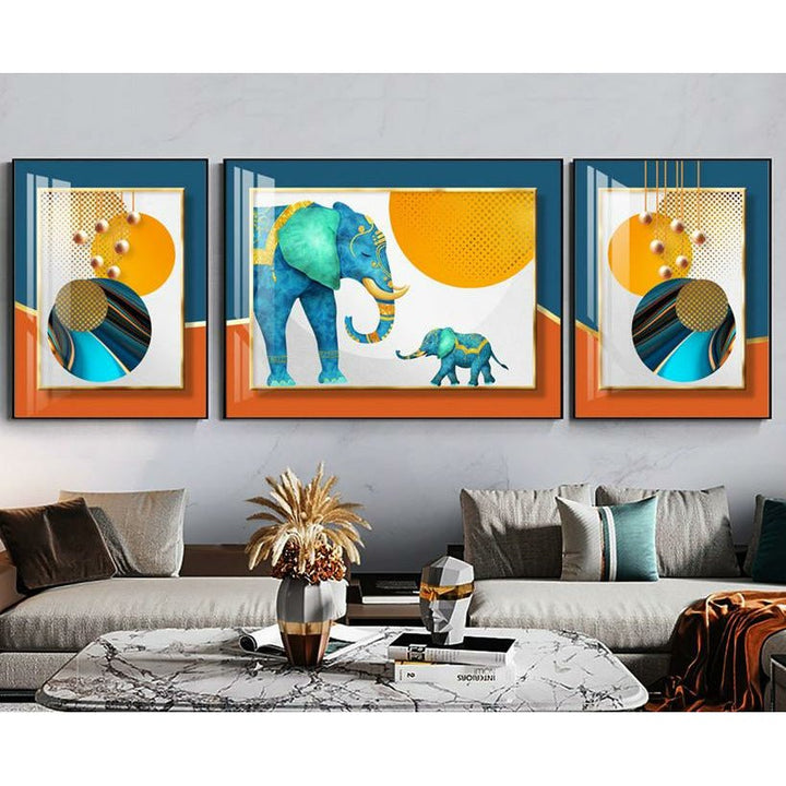 סט 3 תמונות זכוכית פילים וצורות | תמונות למשרד - PHOTO-GLASS