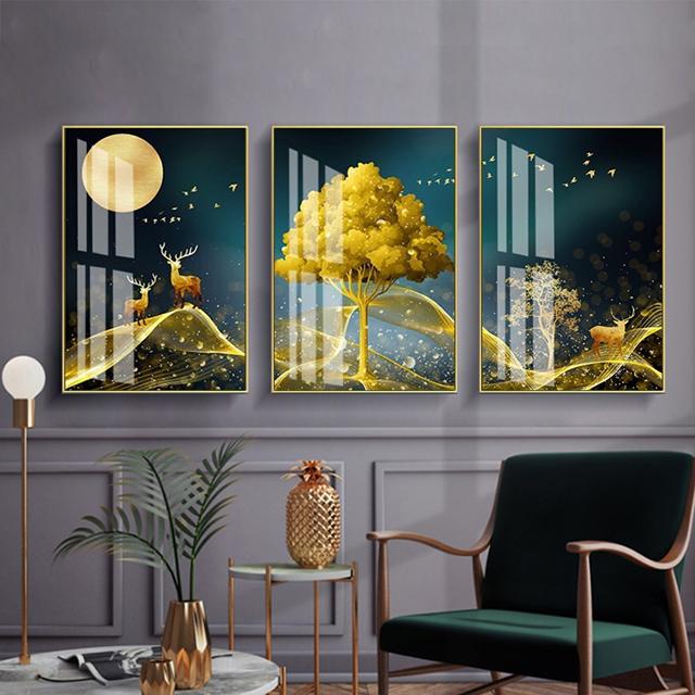 סט 3 תמונות זכוכית - עצי זהב - PHOTO-GLASS