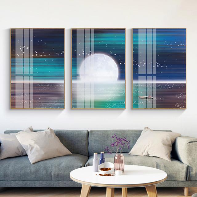 סט 3 תמונות זכוכית שקיעת הירח | תמונה לסלון - PHOTO-GLASS